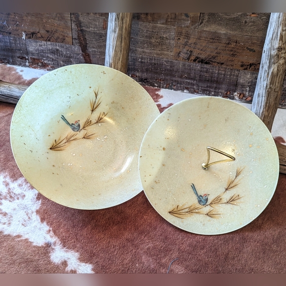 Vintage Mid Century Two Tiered Fiberglass 2 Bowl Set W Bird - Picture 2 of 14